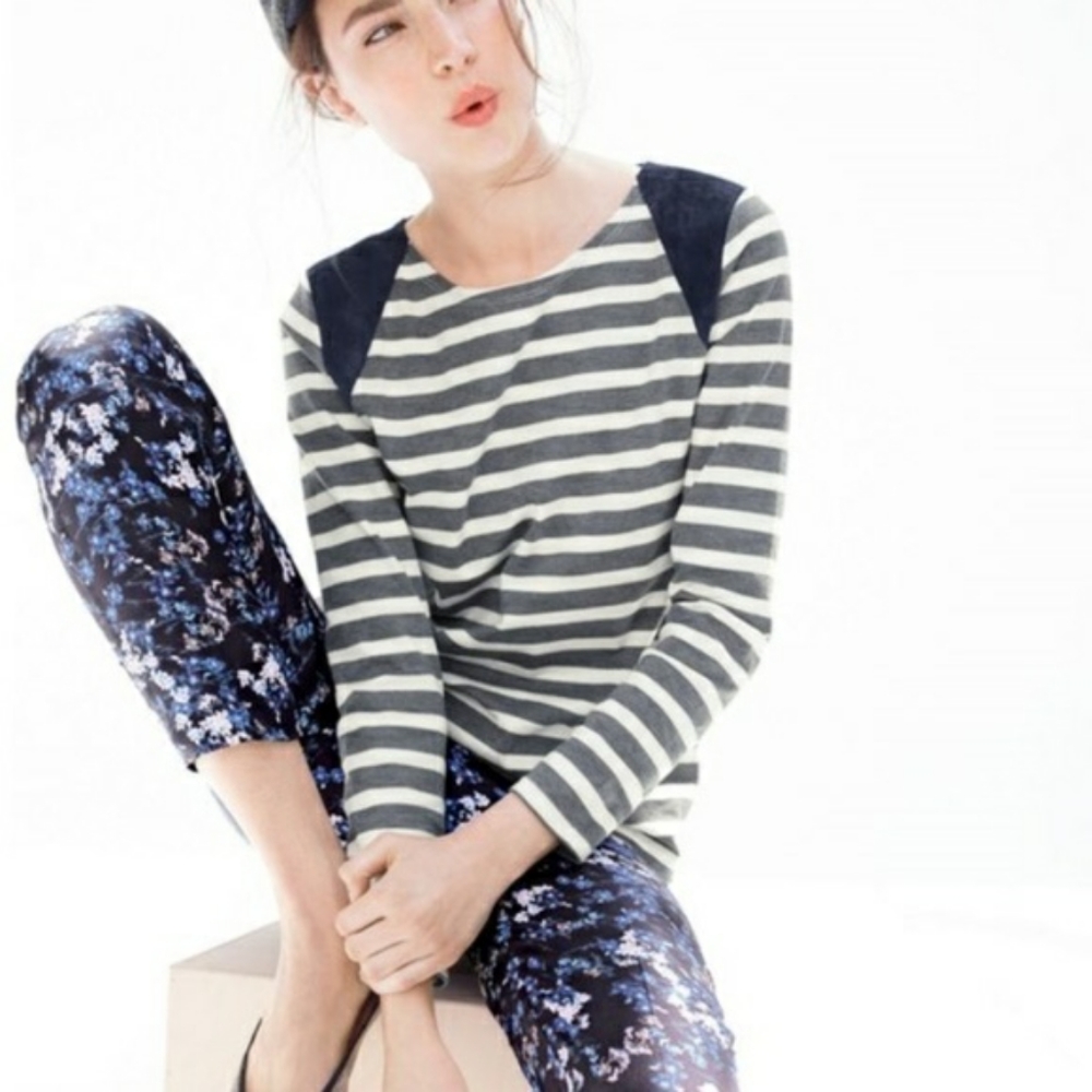 J.Crew gray navy striped long sleeve top suede capped shoulders size small